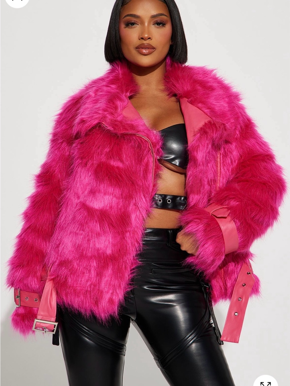 Fashion Nova Hot Pink Faux Fur Teddy Jacket with Leather-Trim
